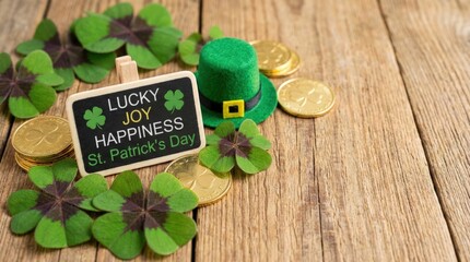 St. Patrick's day celebration home decorative setup festive atmosphere close-up view luck and joy with shamrocks and coins