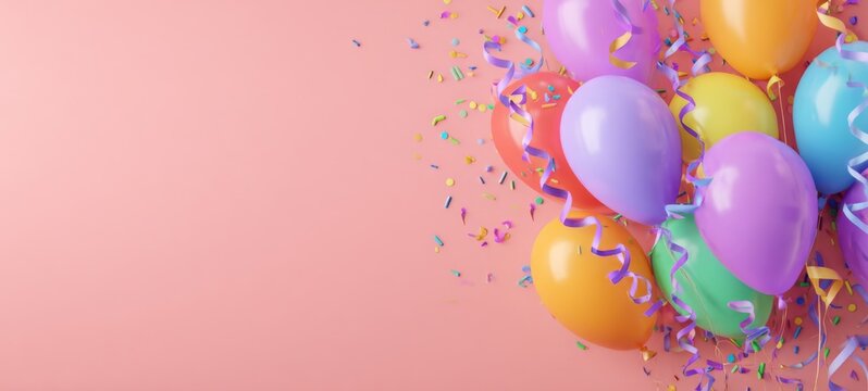 Fasching Karneval Feier Geburtstag Party Konzept - Bunte Luftballons, Luftschlangen und Konfetti, isoliert auf pinkem Hintergrund
