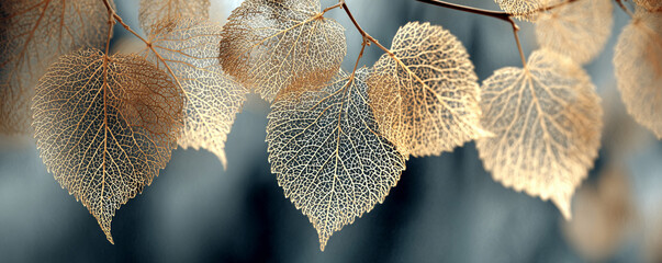 Fine lace-like golden leaf structure illuminated softly, muted gray defocused backdrop 32k ultra HD