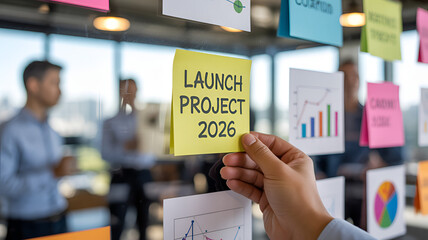 Hand holding yellow sticky note with launch project 2026 text among colorful notes and graphs on a glass board in a modern office with blurred background people discussing
