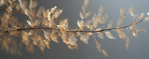 Fine lace-like golden leaf structure illuminated softly, muted gray defocused backdrop 32k ultra HD