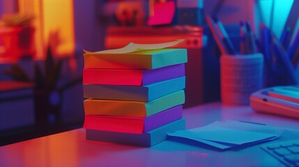 A photo of a stack of colorful sticky notes on a desk.