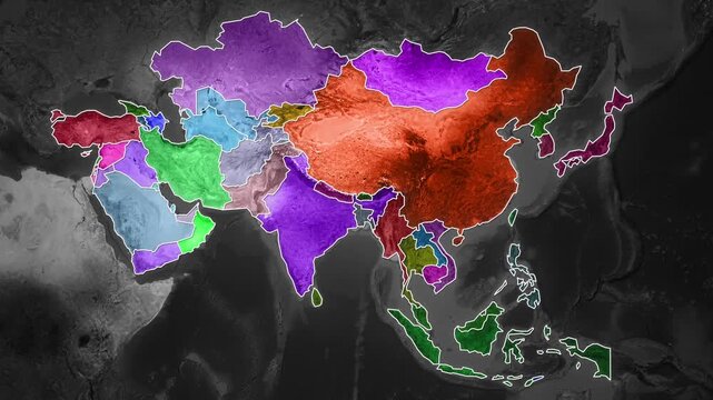 Color-coded political map highlighting distinct regions and nations across the expansive continent of Asia displayed over a muted satellite view