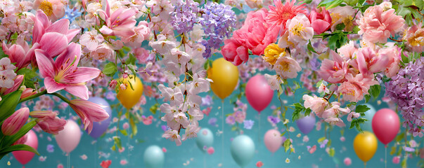 Spring birthday celebration scene with blooming flowers and party lights 32k ultra HD