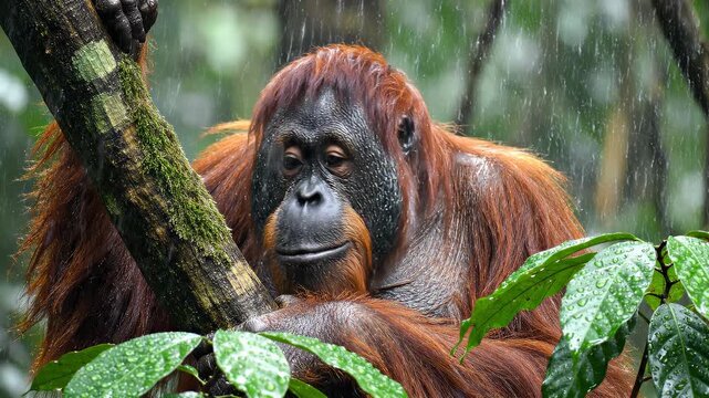 Bornean orangutan enduring a heavy rainforest rain