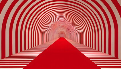 Arch-shaped red and white striped tunnel with a vibrant red carpet leading through a captivating abstract space