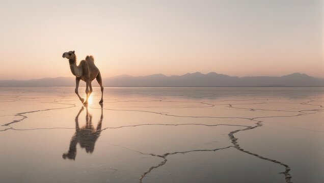 Camel walking across a salt flat at sunset with mountains in the distance.