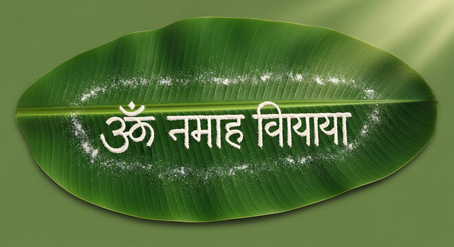 Sacred Sanskrit Mantra 'Om Namah Shivaya' Elegantly Written in Fine Vibhuti Holy Ash on a Fresh Banana Leaf over Moss Green Background