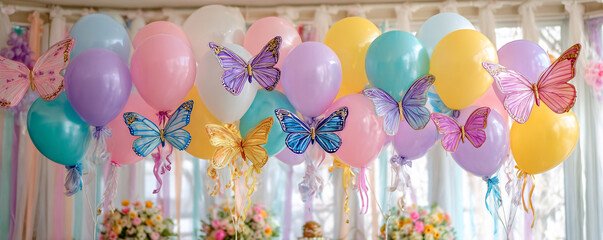 Spring birthday decoration with butterflies, ribbons, and pastel balloons 32k ultra HD