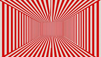 Optical illusion of a red and white striped corridor extending into distance with perspective effect