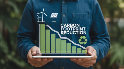 Person holding tablet displaying green bar graph showing carbon footprint reduction with wind turbines and solar panels in a natural setting