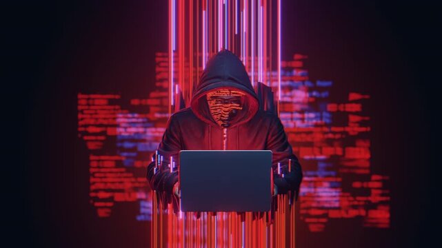 Hooded hacker working laptop dark digital environment. Cyber security, data breach, internet crime, digital threat concept. Glowing code, neon lines background. Technology, privacy, anonymity, risk.