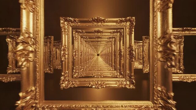 Infinite golden frames tunnel creating surreal artistic illusion