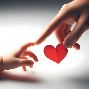 Close-up of adult and child hands sharing a red heart, symbolizing emotional connection, care, and intergenerational love.