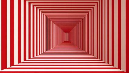 Perspective view of a square tunnel with red and white stripes creating deep optical illusion