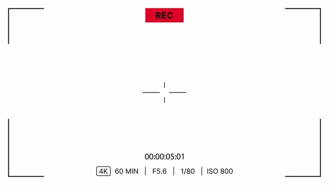 Cinematic recording screen overlay on white background with REC indicator, camera settings, frame, crosshair, timecode counter. Alpha channel. 4K Video