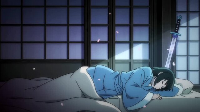 Cinematic 4K anime scene young female anime warrior in blue pajamas asleep futon, exhausted after battle, moonlight streaming shoji screens, delicate patterns face hair, faint glow sword leaning wall