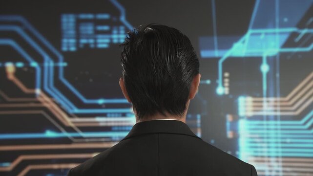 Rear view of Asian businessman in formal suit facing futuristic digital circuit background, leadership vision, strategic thinking, technology integration,innovation, forward looking corporate mindset