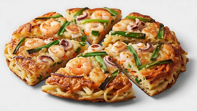 Close up of a savory korean seafood pancake with shrimp and green onions, golden brown sliced asian fritter with fresh ingredients on white background.