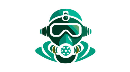 A teal and green illustration of a protective helmet with a gas mask, featuring a central design