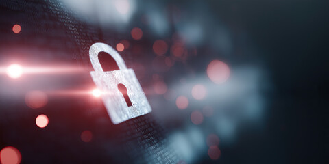 A glowing digital lock icon is superimposed on a dark background of binary code.