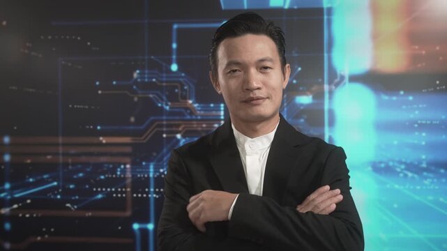Confident Asian businessman smiling with arms crossed against futuristic digital circuit background, symbolizing leadership, innovation, professional success, modern technology, corporate vision