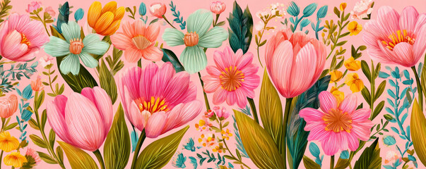 Easter-themed folk flowers with pastel pink, mint, and yellow tones 32k ultra HD