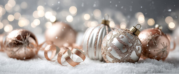 Elegant ribbon trails weaving around silver and rose-gold ornaments, matte snow surface and warm bokeh lighting, 32k