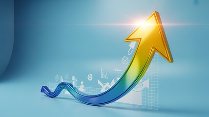 Shining gold arrow ascends upward on blue gradient background with transparent graphs and charts symbolizing growth and success in business and finance with increasing trend