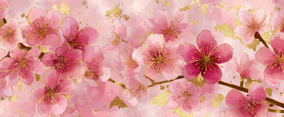 Elegant sakura seamless stationery pattern, embossed matte paper texture, watercolor ink wash blossoms and delicate gold foil dusting, 32k ultra HD