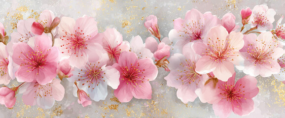 Elegant sakura seamless stationery pattern, embossed matte paper texture, watercolor ink wash blossoms and delicate gold foil dusting, 32k ultra HD