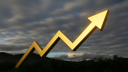 Golden arrow graph trending up on cloudy sky background symbolizing growth and success in business and finance with rising chart