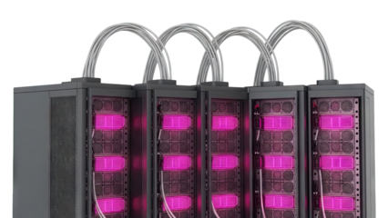 Server Racks with Pink LED Lighting and Cables