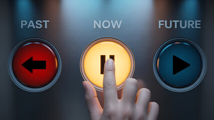 Hand pressing pause button between past now and future control panel interface with pause play and rewind buttons for time management and decision making