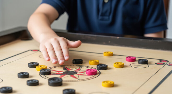 Child's Hand Playing Traditional Carrom Board Game