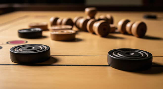 Classic Carrom Board Game with Black and Brown Pieces Close-up