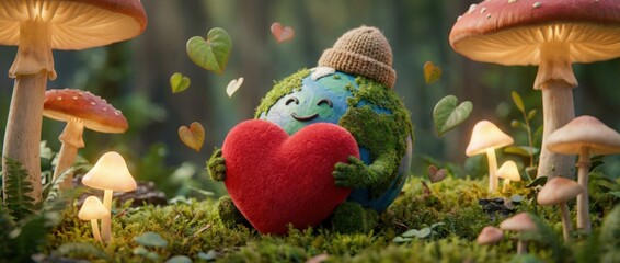 Celebrating nature's love for earth heartwarming scene in a enchanted forest with friendly planet character surrounded by mushrooms and greenery promoting environmental awareness and care