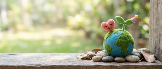Celebrating nature's beauty heartfelt eco-friendly concept with a crochet earth and flower in a garden setting promoting environmental awareness and love for the planet