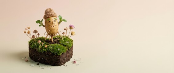 Cheerful plant character with mushrooms and flowers indoor setting artistic representation whimsical environment close-up view nature and joy concept for seo impact
