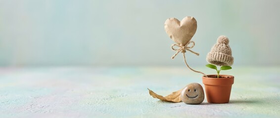 Whimsical plant growth celebration indoor setting artistic composition soft light environment close-up view nature concept promoting joy and positivity