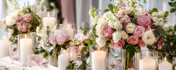 Elegant spring birthday decoration with floral arrangements and candles 32k ultra HD