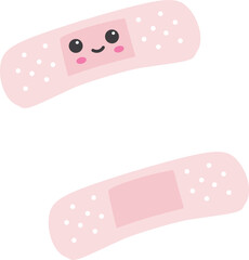 Cute adhesive plasters, bandages with kawaii face, isolated on white background. Adhesive medical plaster strips icon. Vector illustration