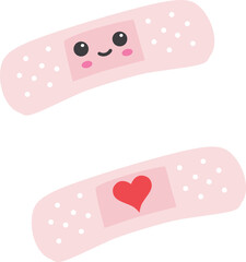 Cute adhesive plasters, bandages with kawaii face and heart symbol, isolated on white background. Adhesive medical plaster strips icon. Vector illustration