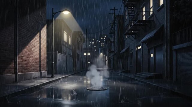 Anime-style illustration of a rainy nighttime city street with steam rising from a manhole cover