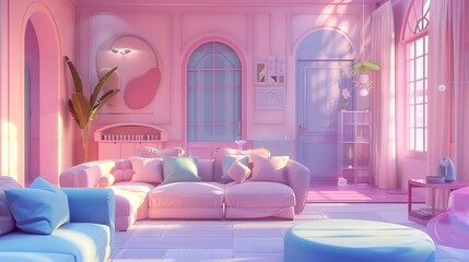 A photo of a stylish living room with pastel