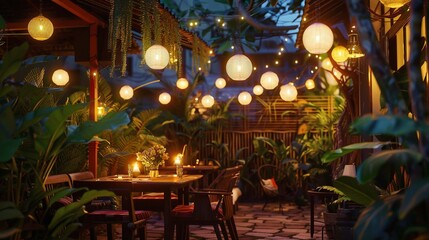 A photo of a stylish outdoor dining area under