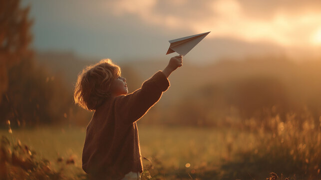 Child launching a paper plane at sunset in a field