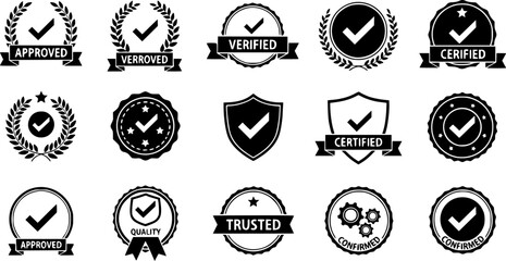 Approved stamps vector icons set. round, rectangular, approved seals collection.