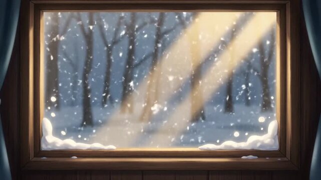 Snowy forest scene viewed through a window with anime style lighting effects