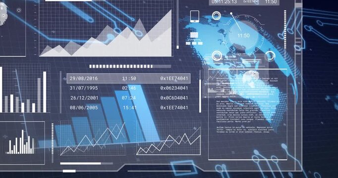 3D-rendered data dashboard displaying bar charts, line graphs and clock gauge over dark blue grid